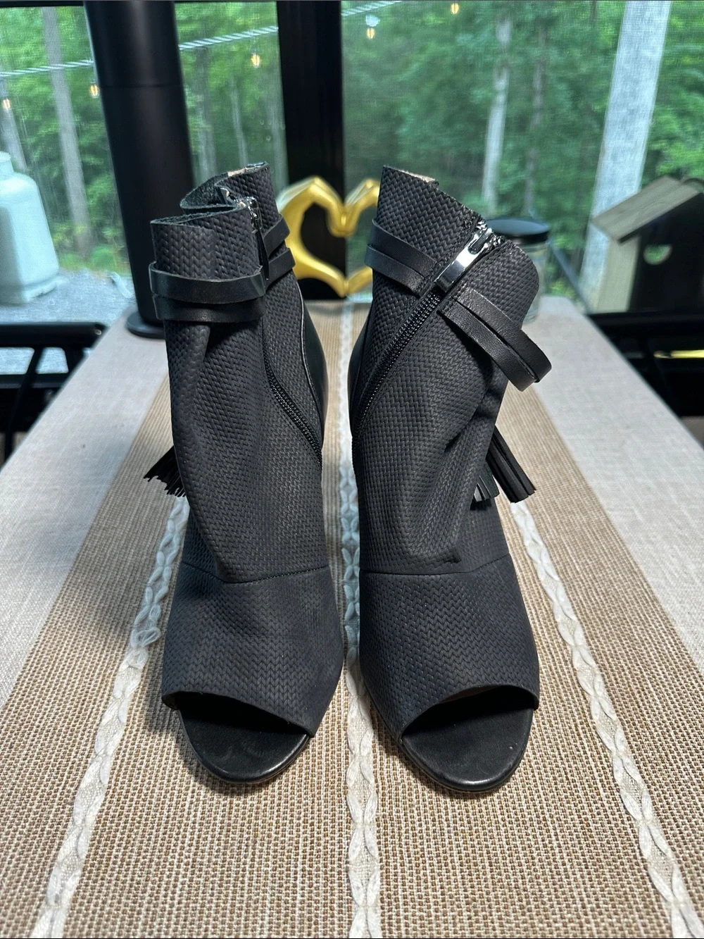 French Connection Black Textured Peep-Toe Ankle Booties with Tassel Zipper